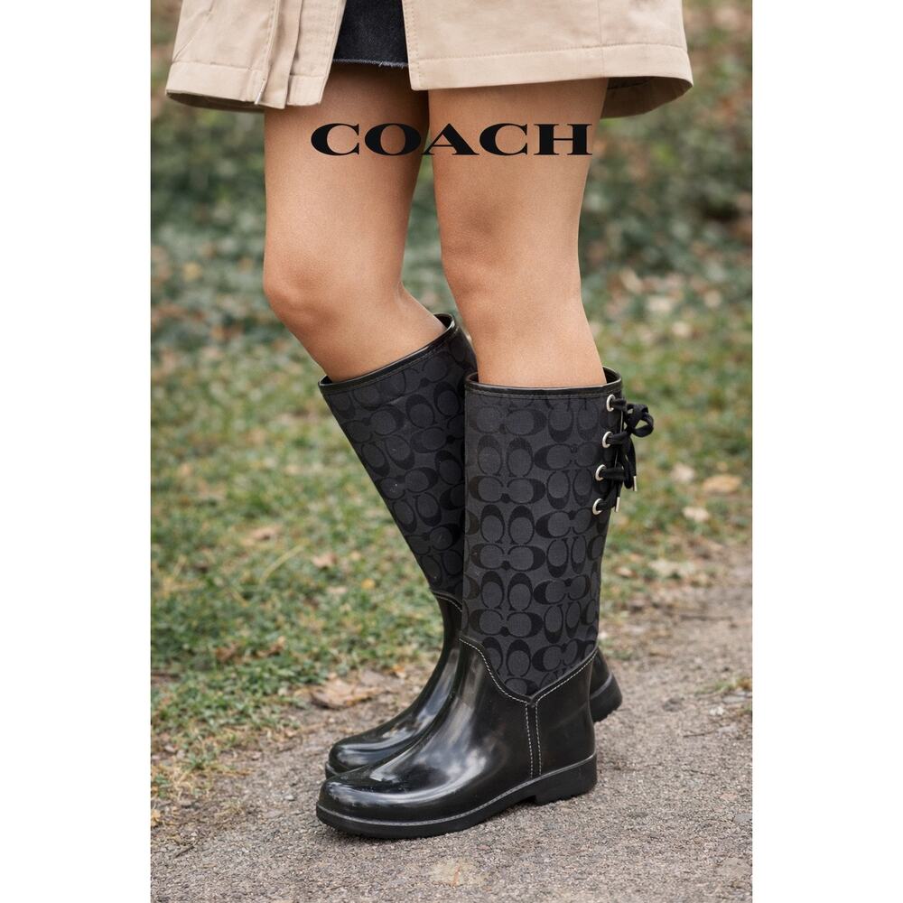 Coach Tristee Signature C Tall Lace-Up Rain Boots - Black, Size 7B